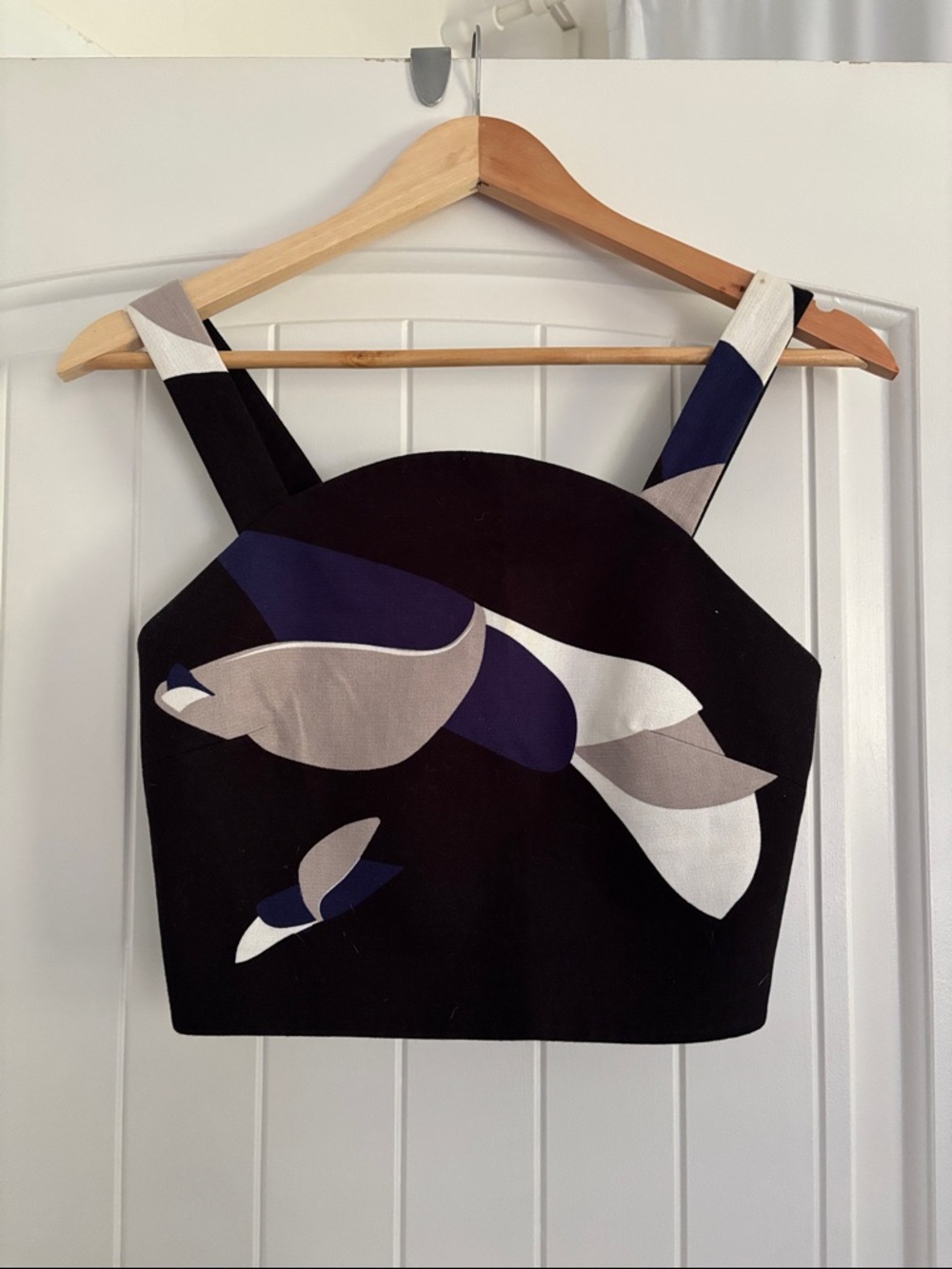 Tibi Black Crop Top with Navy, Cream and Taupe Floral Panels